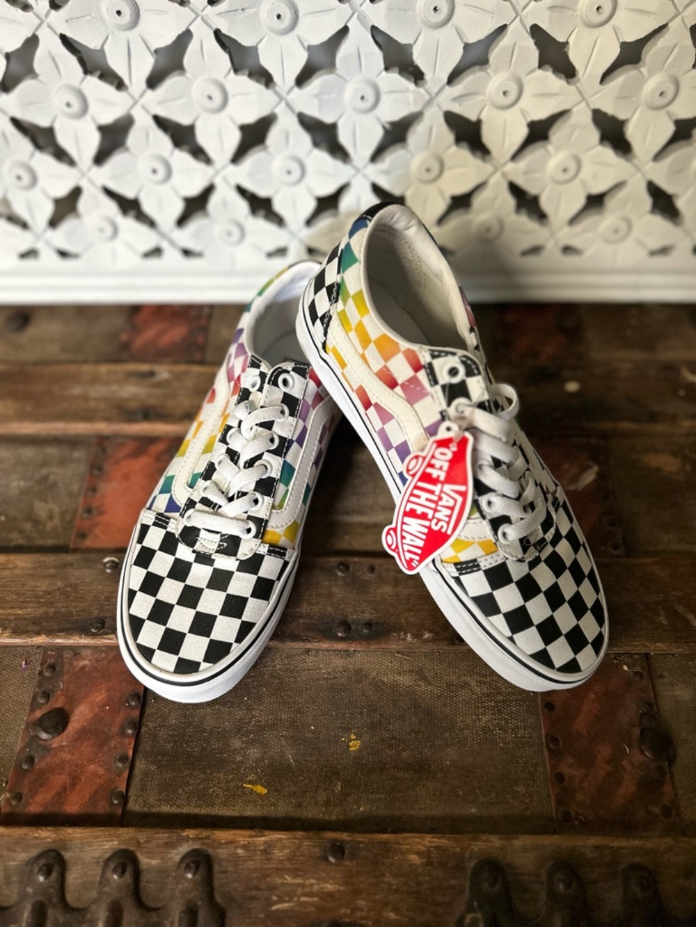 Vans Women’s Black & White Checkerboard Sneakers with Rainbow Panels